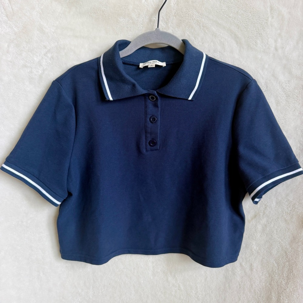 Cherry Mellow Navy Cropped Polo Shirt White Tipped Collar Preppy Boxy Size S